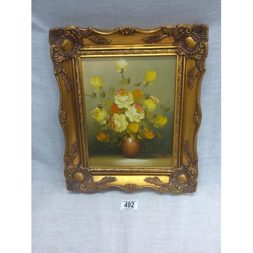 492 - Gilt Framed Still Life Oil on Canvas Signed 