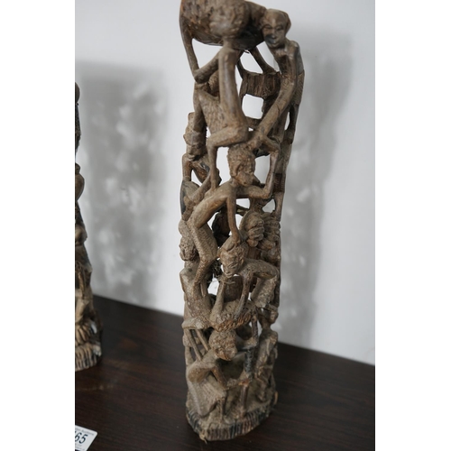 465 - Pair of Old African Tree of Life Wood Carvings 48cm Tall