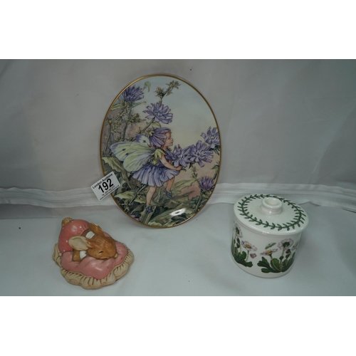 192 - Royal Worcester Flower Fairy Dish, a Botanic Garden Pot and a Pendelfin Figure