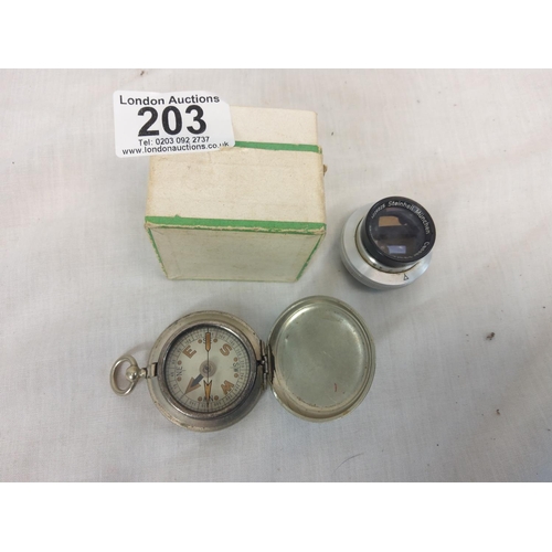 203 - Old compass and a Steinheil Munchan Cassar Enlarging Lens