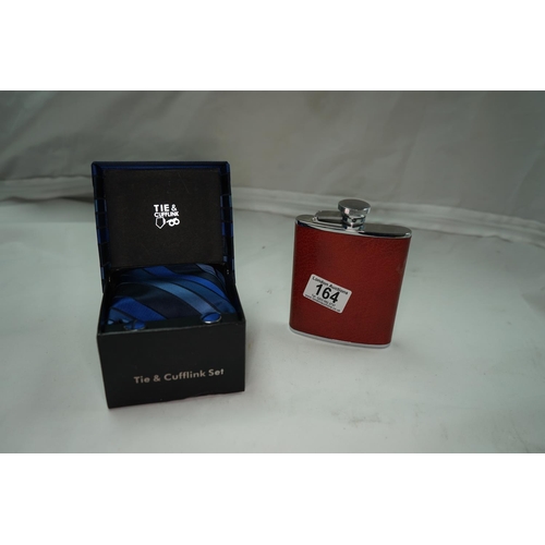 164 - Leather Hipflask and a tie/cufflink set