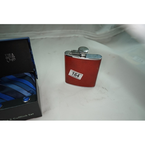 164 - Leather Hipflask and a tie/cufflink set