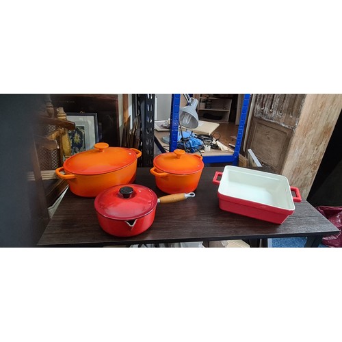 417 - 2 Le Creuset Pots, a red Le Creuset Saucepan and a Waitrose Stoneware Dish