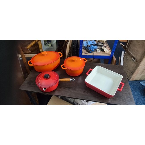 417 - 2 Le Creuset Pots, a red Le Creuset Saucepan and a Waitrose Stoneware Dish