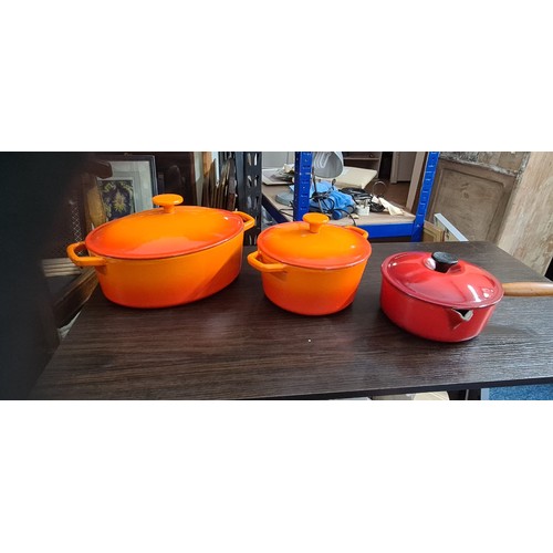 417 - 2 Le Creuset Pots, a red Le Creuset Saucepan and a Waitrose Stoneware Dish