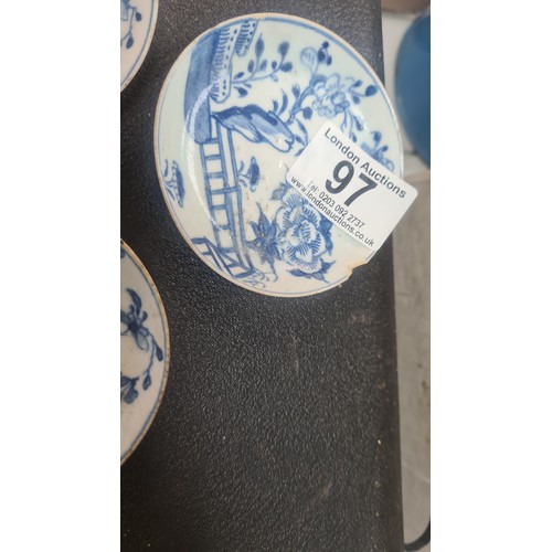 97 - Lot of 3 Small 18th Century Blue and White Dishes (8cm) plus 1 Larger (10cm) af