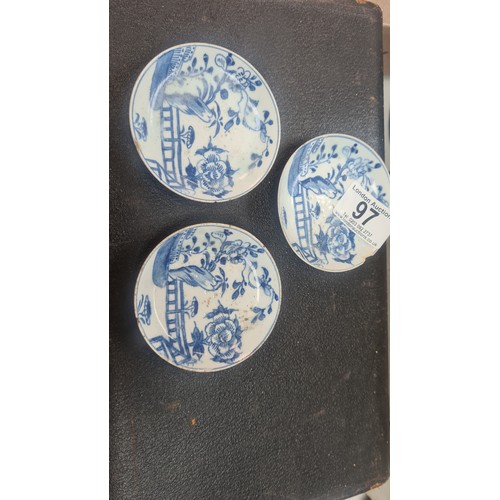 97 - Lot of 3 Small 18th Century Blue and White Dishes (8cm) plus 1 Larger (10cm) af