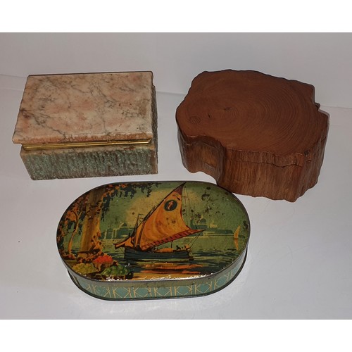 22 - Wood trinket box with swing lid, another attractive box plus a vintage tin