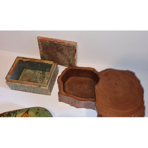 22 - Wood trinket box with swing lid, another attractive box plus a vintage tin