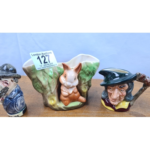 127 - Small Royal Doulton Character Jug, a Hornsea Bunny Vase and a Will Young Pottery Figure