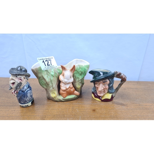 127 - Small Royal Doulton Character Jug, a Hornsea Bunny Vase and a Will Young Pottery Figure