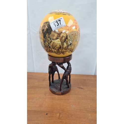 137 - Hand Decorated South African Ostrich Egg on a Wooden Stand