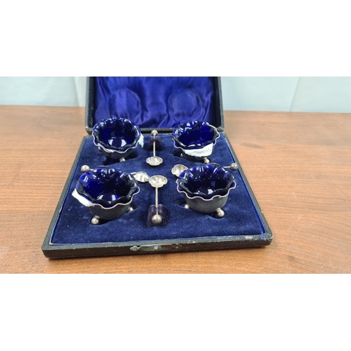 90 - Set of 4 Hallmarked Silver Salts with Spoons in Original Box Sheffield 1902