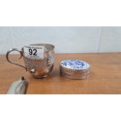 92 - Indian Possible Silver Cup(90g), Chinese White Metal Shard Box and a very small white metal flask