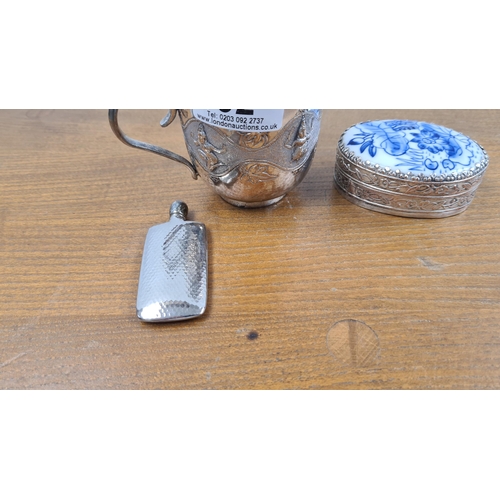 92 - Indian Possible Silver Cup(90g), Chinese White Metal Shard Box and a very small white metal flask