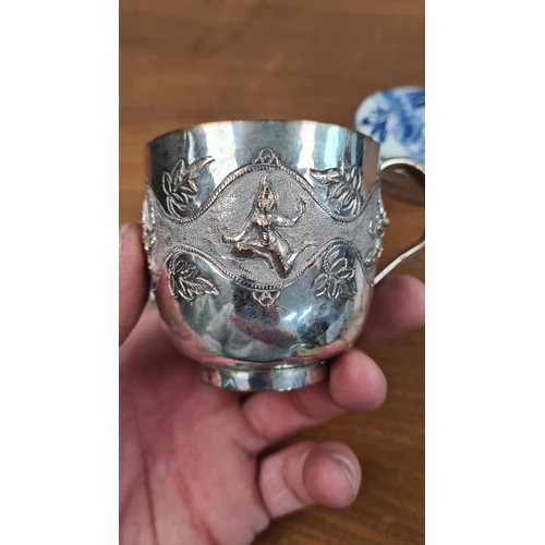 92 - Indian Possible Silver Cup(90g), Chinese White Metal Shard Box and a very small white metal flask