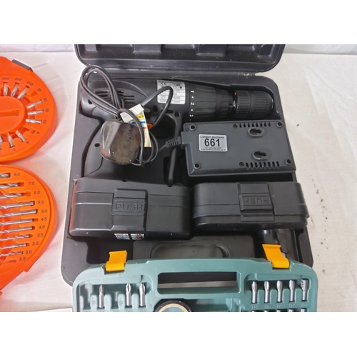 661 - 24V Cordless Drill, with charger & 2 Batteries plus a Case of Drill Bits and a cased tool kit