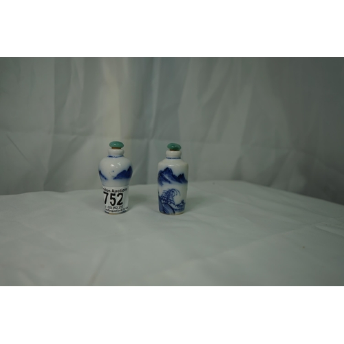 752 - 2 Blue and White Chinese Snuff Bottles