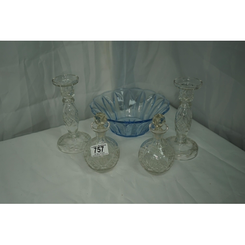 757 - 2 Cut Glass Candlesticks, 2 Small Crystal Decanters and a Decorative Bowl