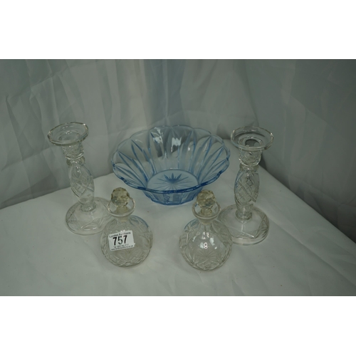 757 - 2 Cut Glass Candlesticks, 2 Small Crystal Decanters and a Decorative Bowl