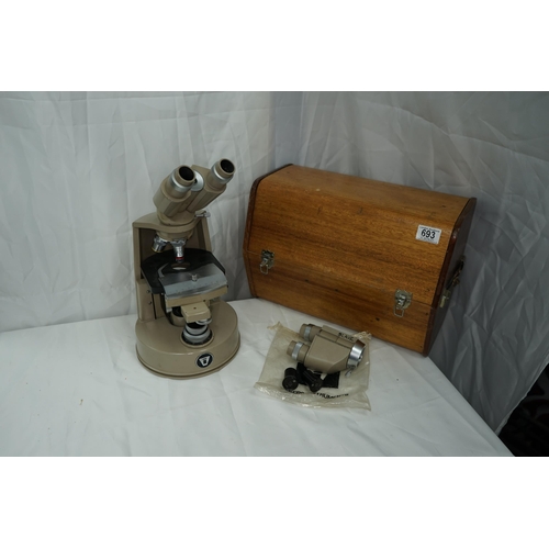 693 - Vintage Microscope with lenses in original wooden case