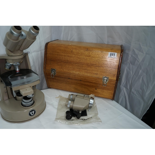 693 - Vintage Microscope with lenses in original wooden case