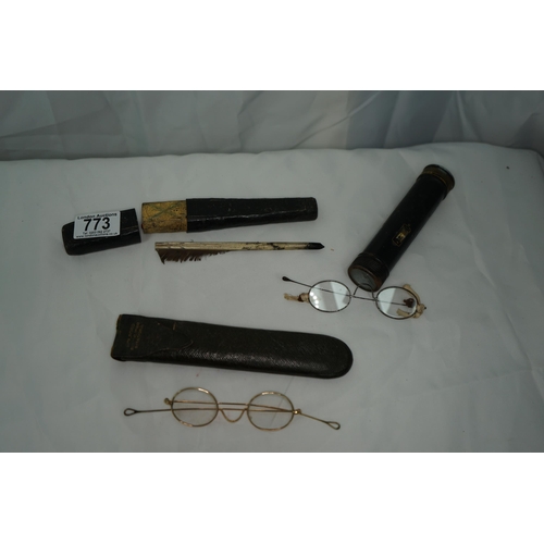 773 - Old Quill, an old flashlight and 2 pairs of Victorian Spectacles