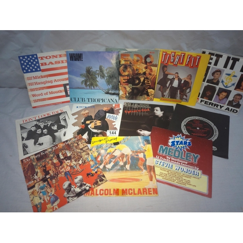 144 - Assorted vinyl records to include Stevie Wonder Wham, Band Aid etc