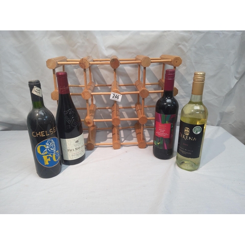 246 - Wine Rack with 4 Various Bottles of Wine Including Chelsea FC