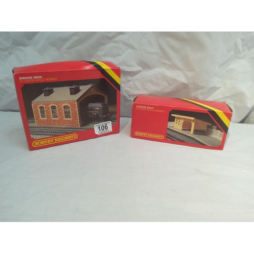 106 - Hornby railways boxed station halt model plus a boxed engine shed model unused