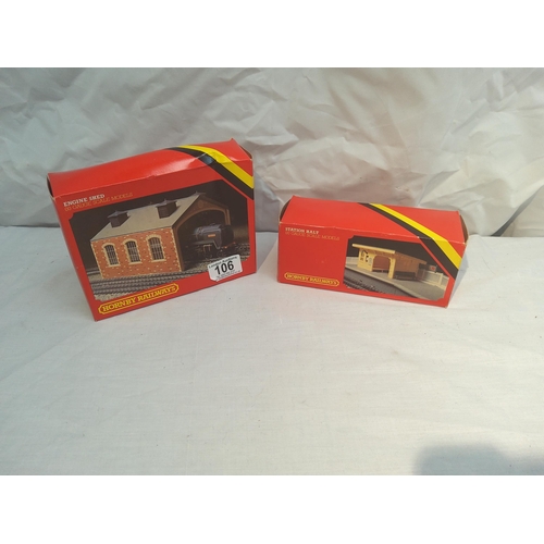 106 - Hornby railways boxed station halt model plus a boxed engine shed model unused