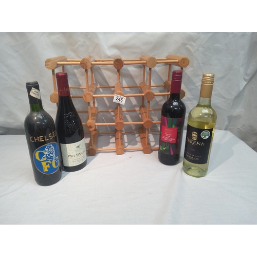 246 - Wine Rack with 4 Various Bottles of Wine Including Chelsea FC