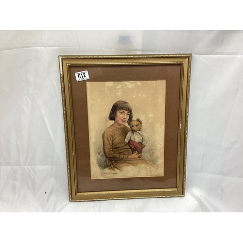 612 - Watercolour of a Girl Holding A Teddy Bear-Signed F.A Williams