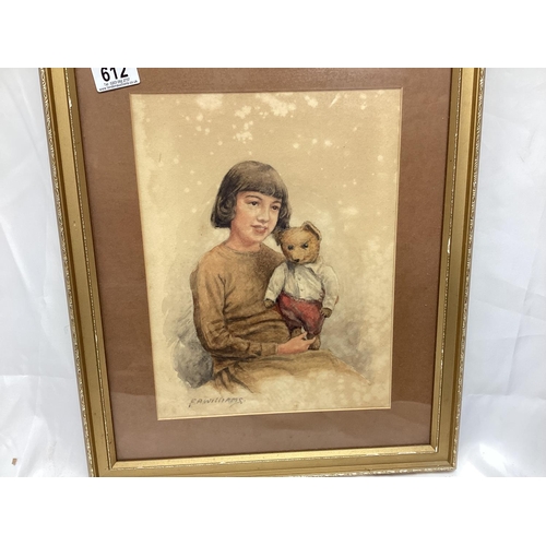 612 - Watercolour of a Girl Holding A Teddy Bear-Signed F.A Williams