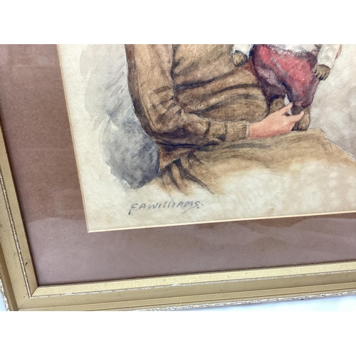 612 - Watercolour of a Girl Holding A Teddy Bear-Signed F.A Williams