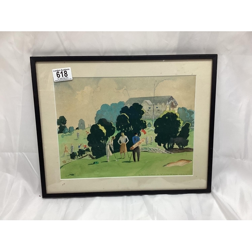 618 - Framed 1920s Golf Scene Watercolour