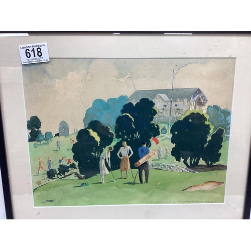 618 - Framed 1920s Golf Scene Watercolour