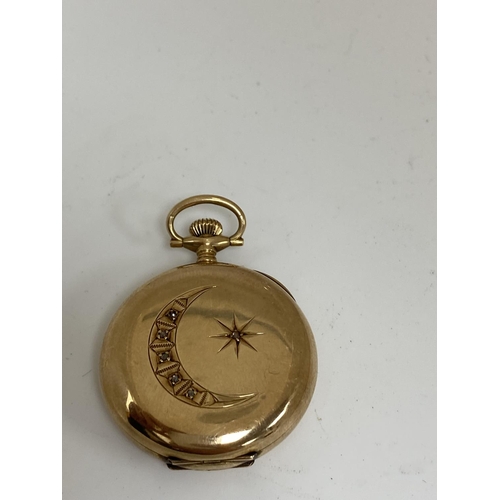 16 - Waltham 14k Gold Pocket Watch with Moon and Star Decoration including Diamonds 30g