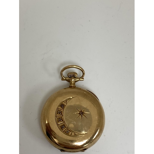 16 - Waltham 14k Gold Pocket Watch with Moon and Star Decoration including Diamonds 30g