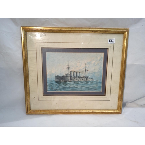 613 - Framed Signed Watercolour of HMS Hogue Dated 1903