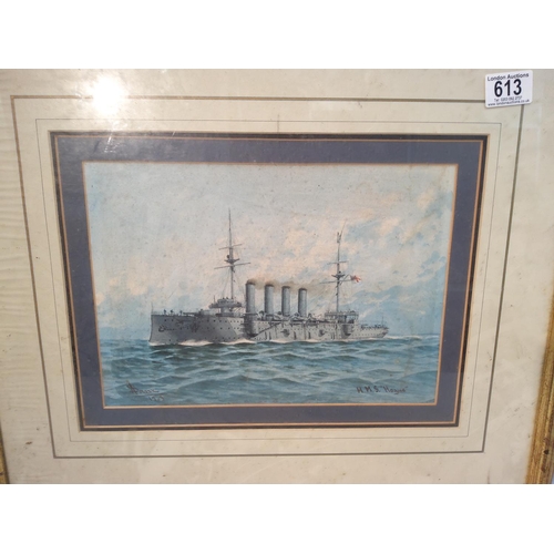 613 - Framed Signed Watercolour of HMS Hogue Dated 1903