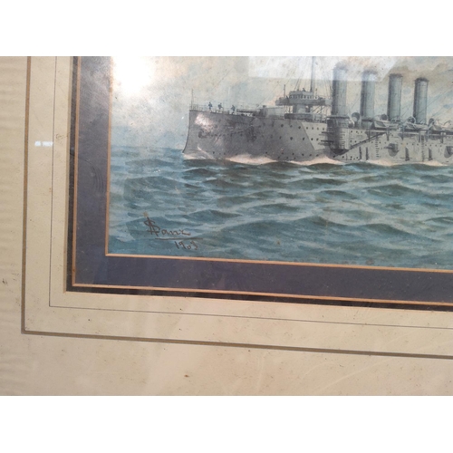 613 - Framed Signed Watercolour of HMS Hogue Dated 1903