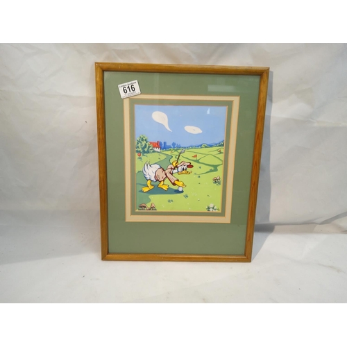 616 - Signed Watercolour of a Duck Character Playing Golf c.1930s