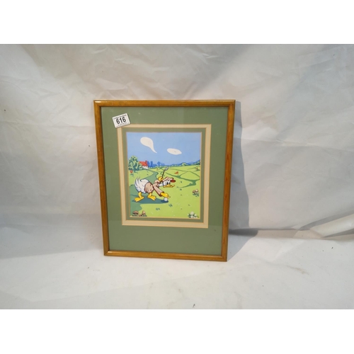 616 - Signed Watercolour of a Duck Character Playing Golf c.1930s