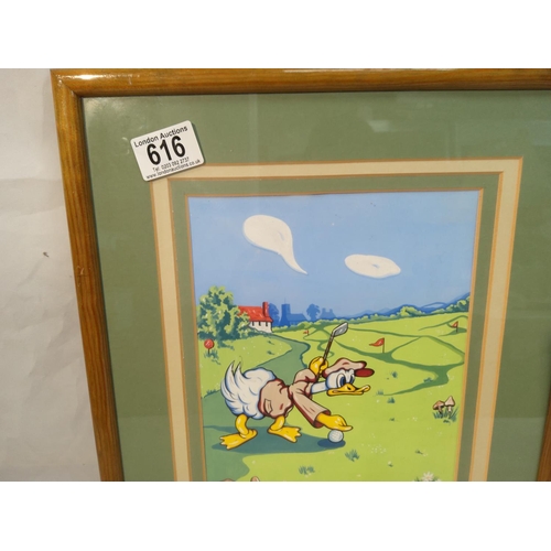 616 - Signed Watercolour of a Duck Character Playing Golf c.1930s