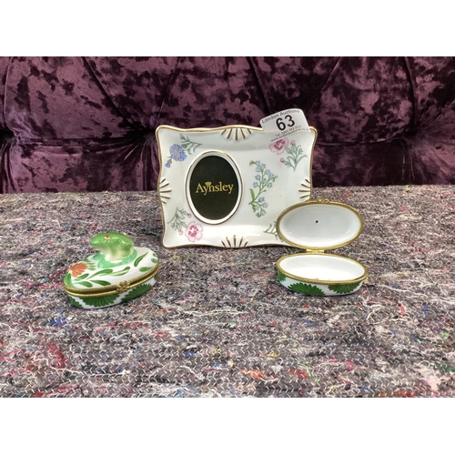 63 - Aynsley Photo Frame and 2 China Frog Pill Boxes