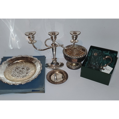 37 - Selection of silver plate items including candelarbra, celebration plate etc.