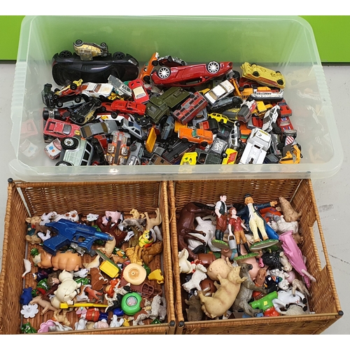 71 - 3x boxes of vintage toys including Cars, Figures, farm animals etc.