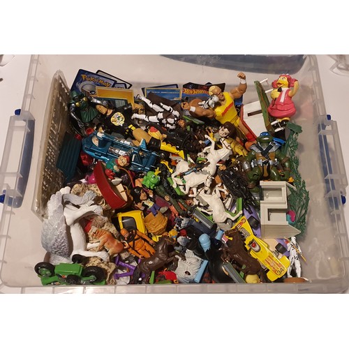 73 - Large box of old & toys including Cars, Figures etc.