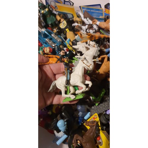 73 - Large box of old & toys including Cars, Figures etc.